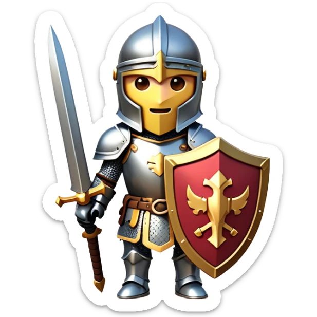 Clash of Clans aesthetic: Cinematic Playful Armored Knight Hero Emoji, rendered in a 3D vector-style similar to standard emojis with minimal shading and bold, simplified shapes. A compact, isometric warrior clad in gleaming plate armor with intricate heraldic details, softly glowing with a chivalrous medieval charm. Simplified yet unmistakably iconic, highly detailed and consistent, glowing with a soft radiant shine and high polish. Stylized with a touch of noble valor and a soft glowing outline, capturing the essence of a gallant knight ready for honorable battle with a friendly, playful manner! sticker