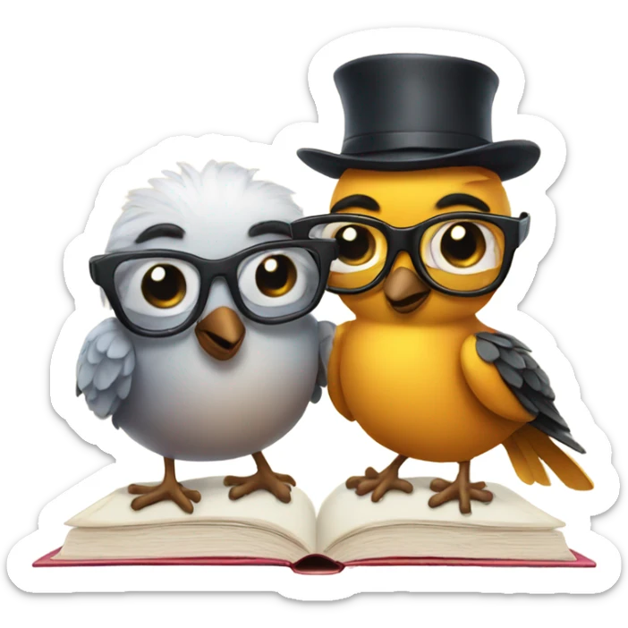 two birds but one of the birds wearing glasses and with a book sticker