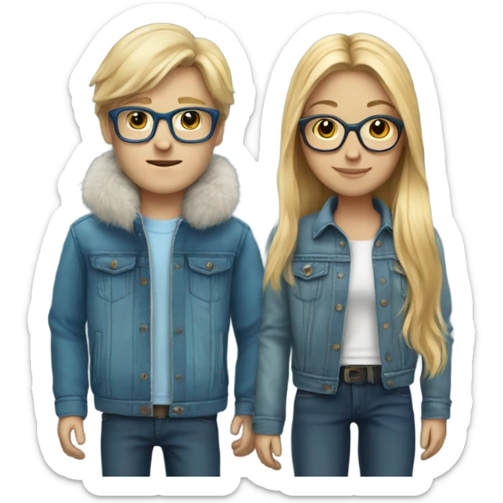 blonde long haired girl white boy with glasses blue jean jacket with fur lining sticker