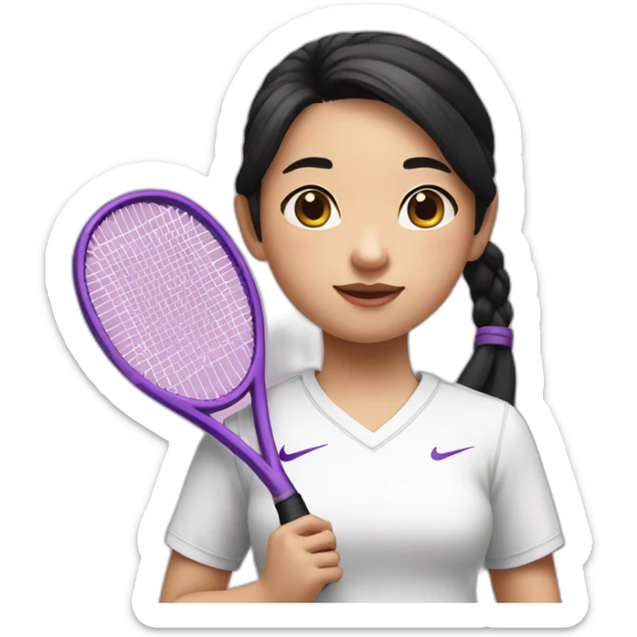 a little chinese girl wearing a white nike shirt with two pig tails black hair style holding a purple tennis racket to her chest sticker