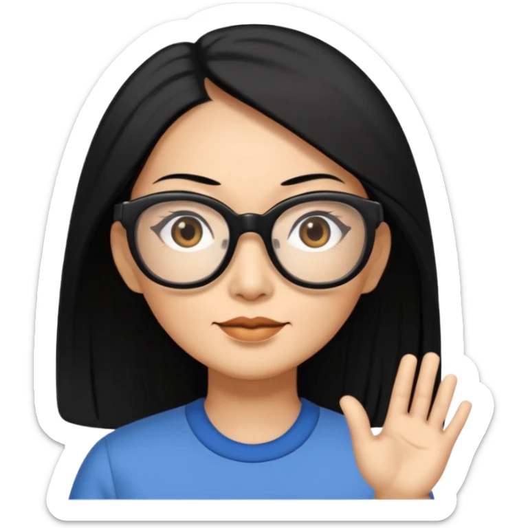 50 yr old asian woman, straight thick long black hair, big black, side part, big glasses sticker
