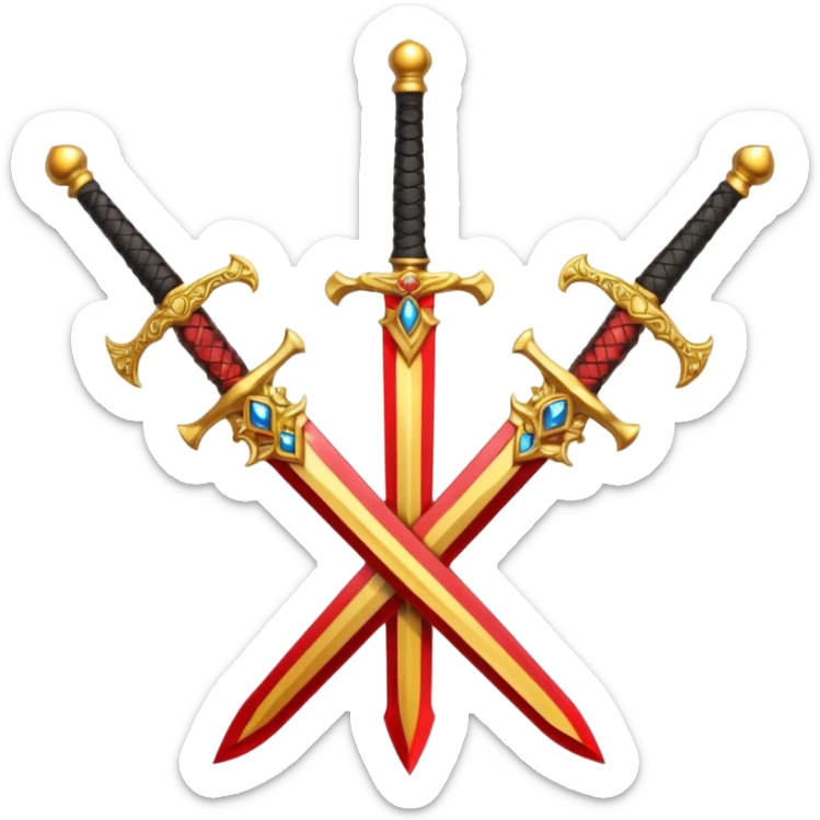 Two crossed swords that are golden in blade and handle and have fiery and royal appearence to them as well as red gem stones yellow in color sticker