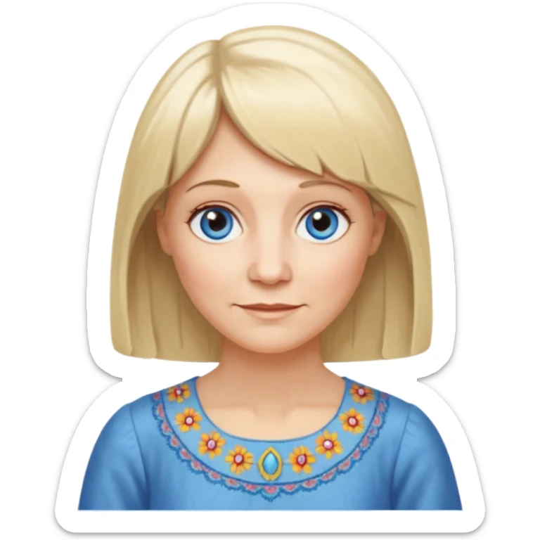 50 yr old white woman, hippie parted hair, short bangs, very long straight blond hair, oval face, small smile, blue eyes, thin face, hair downback, hair parted at center of head, round cheeks, pale, longer hair, white dress sticker