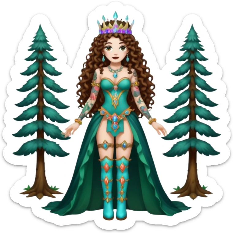 full body view of a woman with long curly brown hair, brown eyes, white skin, tattoos, wearing a crystal crown and thigh-high boots, psychedelic forest empress pose sticker