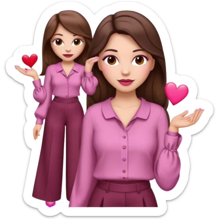  emoji, inspired with brunette hair, brown eyes, long hair, heart shape lips and pink make up  and pink nails, mauve pink blush and brown wide leg pants, burgundy shoulder drop shirt, brown heels , princess hair, brown heels  sticker