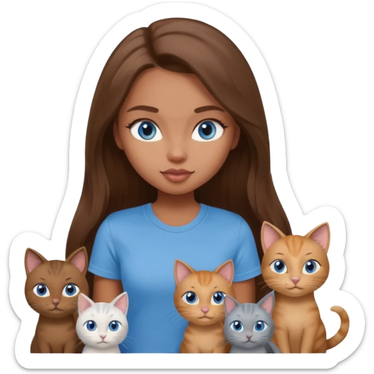 a pretty bratz dusky girl with long brown hair, blue eyes with six cats nd wearing a grey tshirt sticker