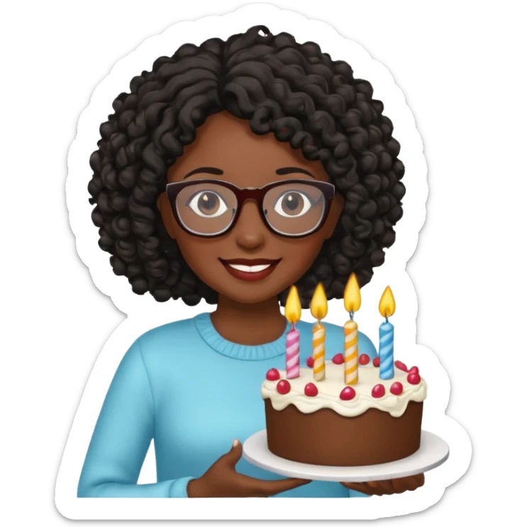 A Black woman with curly black hair and glasses holding a birthday cake. Can you make it a more basic emoji? sticker