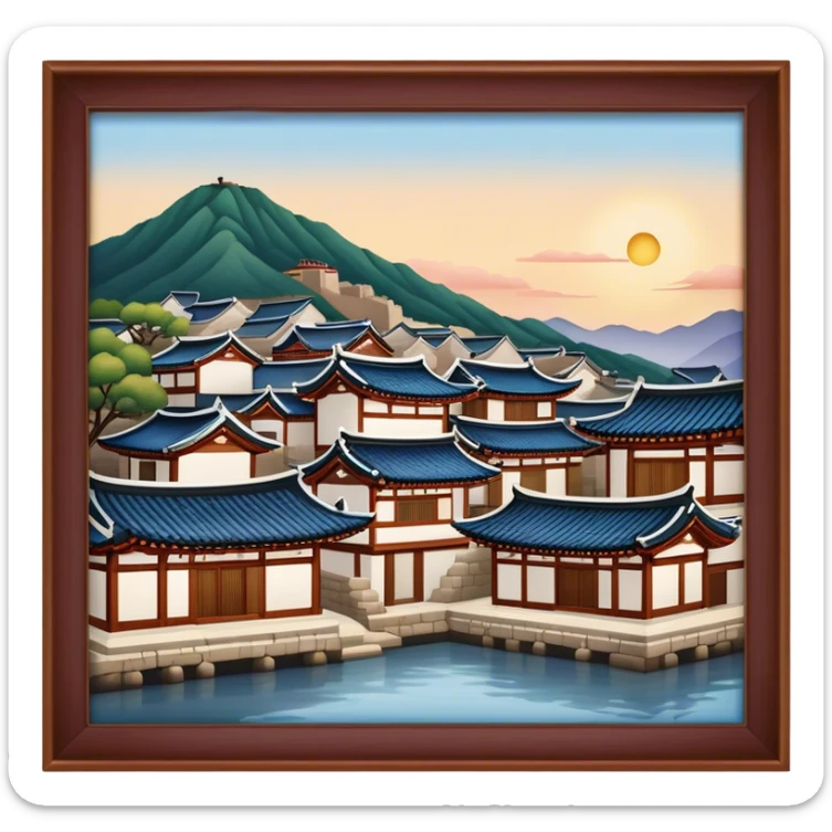 Cinematic Realistic Bukchon Hanok Village Landmark Emoji, depicted with traditional Korean houses set against a scenic backdrop rendered with detailed textures and warm, inviting lighting. sticker