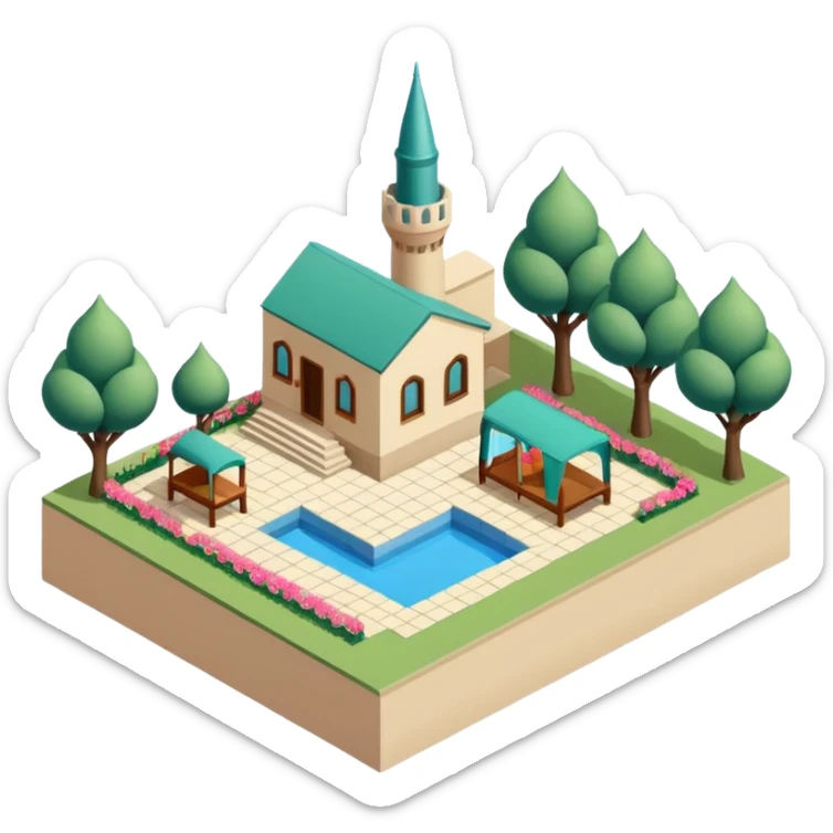 little city and many, small, ordinary, simple, home, Iranian-style, 1980, isometric sticker