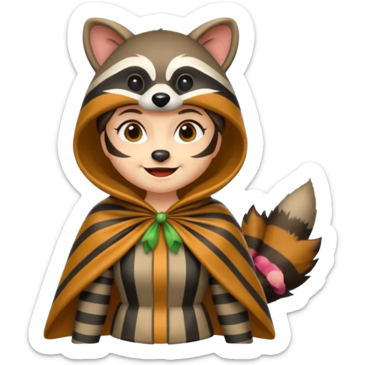 forest emoji woman dressed as raccoon trickster, striped tail cape, playful grin sticker