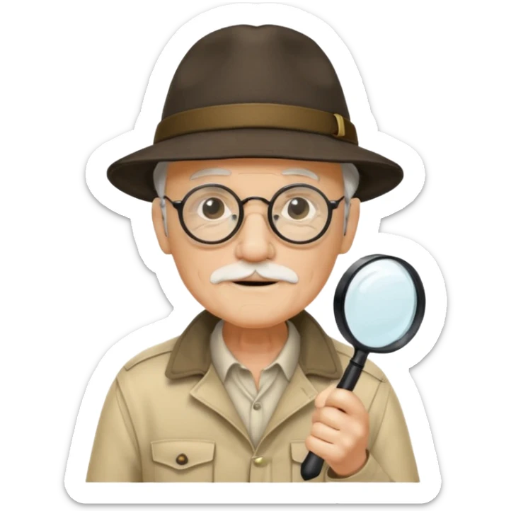 old man in beige explorer outfit, wear black glass, hat, holding magnifying glass sticker