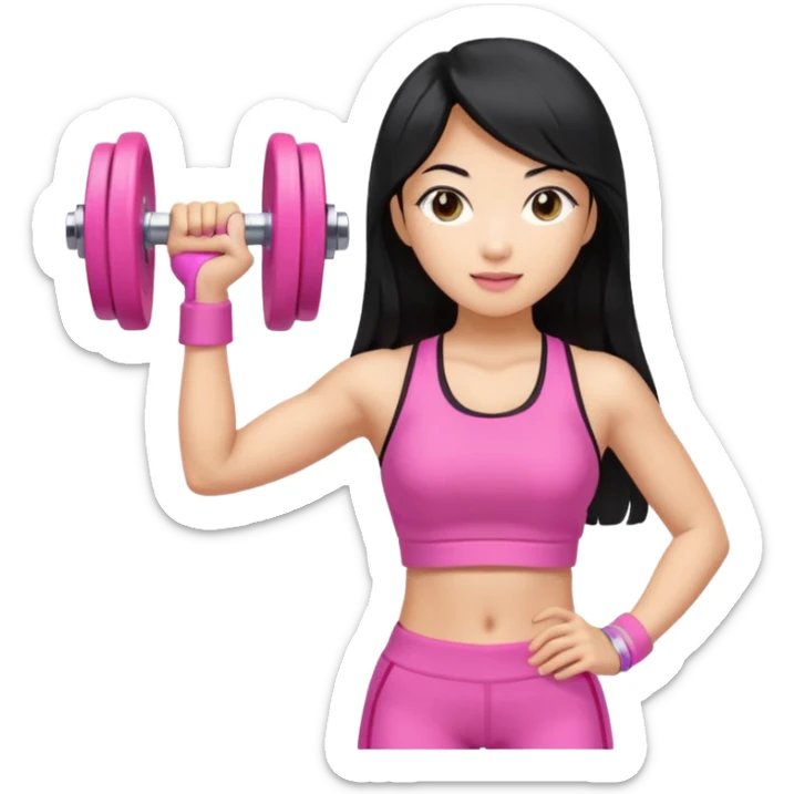 An Asian lady with long hair, blonde highlights, in a pink gym outfit, holding a pink dumbell sticker