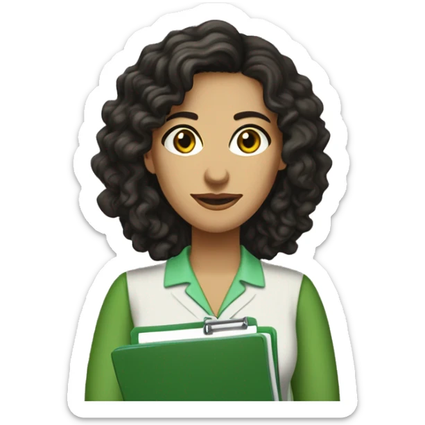 female psychologist, brunette, black eyes, long black curly hair. Holding a medical record clipboard, wearing a green knitted blouse, brown pantaloons, green sandals, brown and green Peruvian earrings sticker
