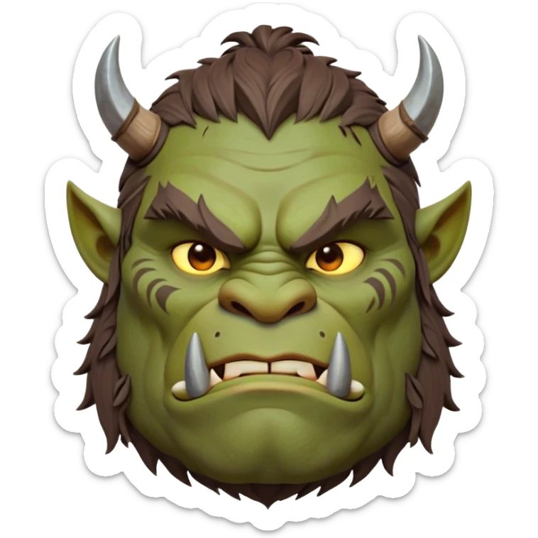 Cinematic Noble Ogre Portrait Emoji, Majestic and imposing, with a rugged, muscular form in deep earthy greens and browns, adorned with battle scars and subtle tribal markings, exuding calm, noble strength and unexpected wisdom, simplified yet strikingly detailed, glowing with a shadowy outline that captures the essence of a gentle giant with fierce heart! sticker