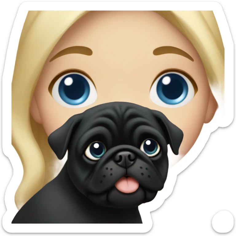 Girl with wavy blonde hair and blue eyes kissing a black pug sticker