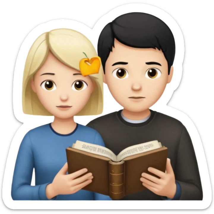 Crie uma figurinha pra stories de uma biblia aberta e um casal lendo (homem loiro e mulher branca cabelos pretos baixinha) sticker