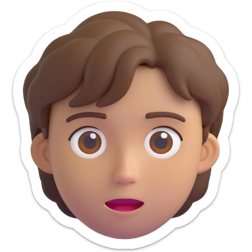 portrait of a young person with short tousled brown hair and a neutral expression in 3D emoji style sticker
