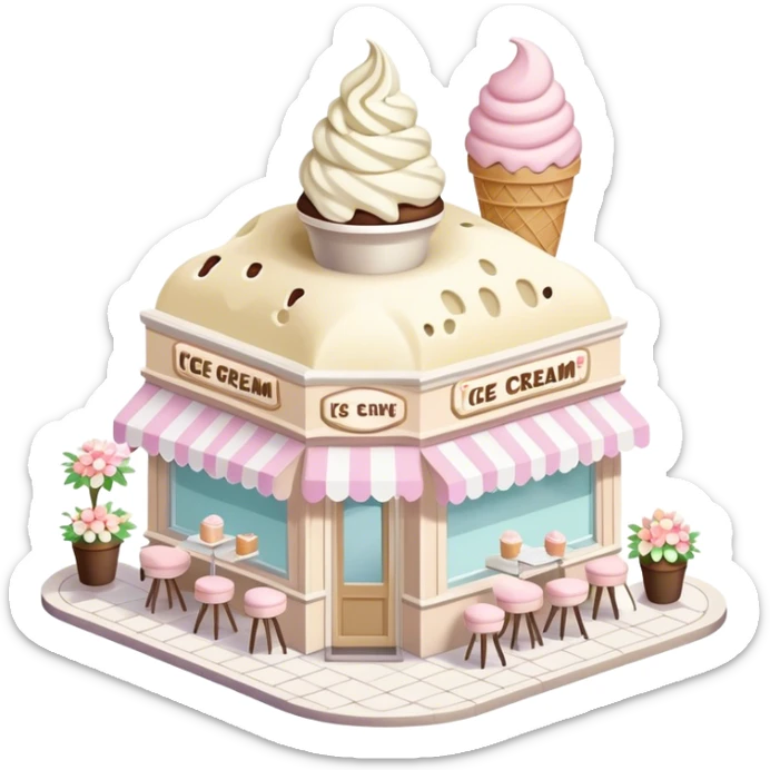 isometric exterior little beige and white ice cream parlour with abundant pastel florals everywhere sticker