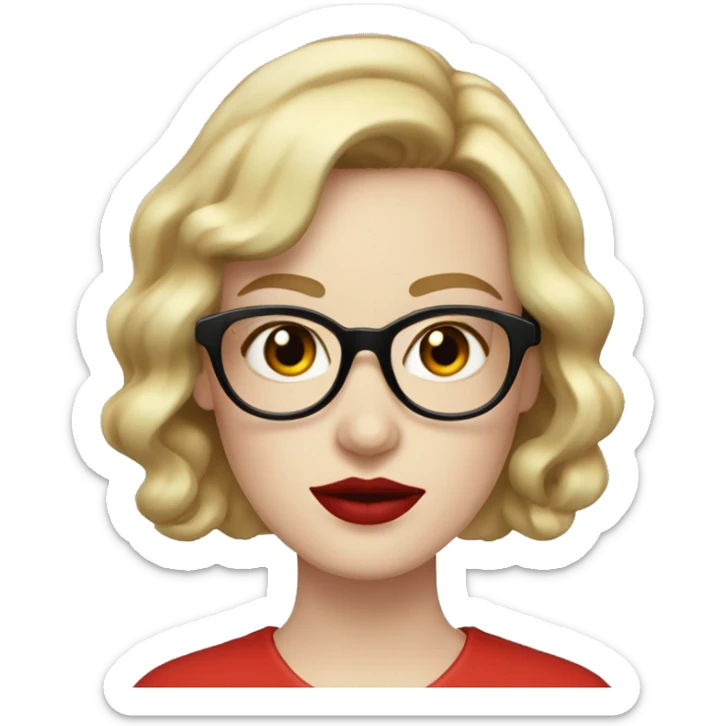 Woman with red wavy bobcut and black cateye glasses, pale skin and red lipstic sticker