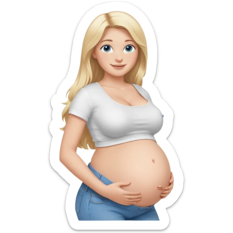 White girl, 18, long blonde hair, blue eyes, white crop top, jeans, huge pregnant belly, big boobs, side view, skinny, bare midriff, smiling sticker