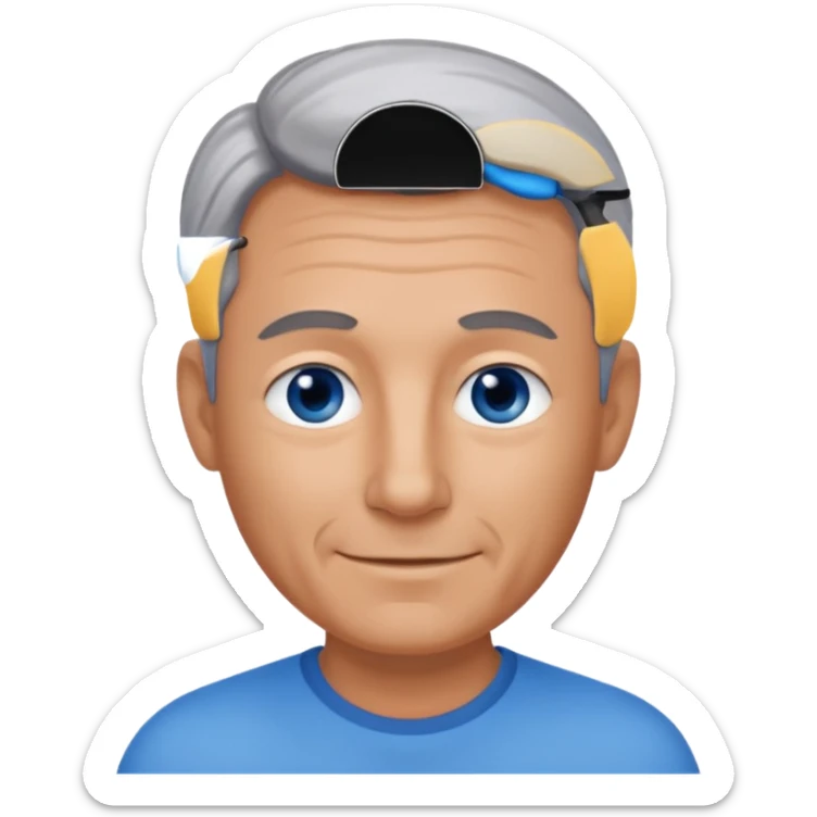 Middle aged man with tanned skin, receding black to grey hair and no beard, blue eyes, shy smile sticker