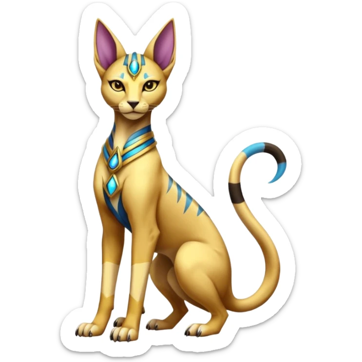 Modern futuristic shiny colorful Bastet-Anubis-Sphynx-Lombax-Zeraora-Renamon-fusion (full body) sticker