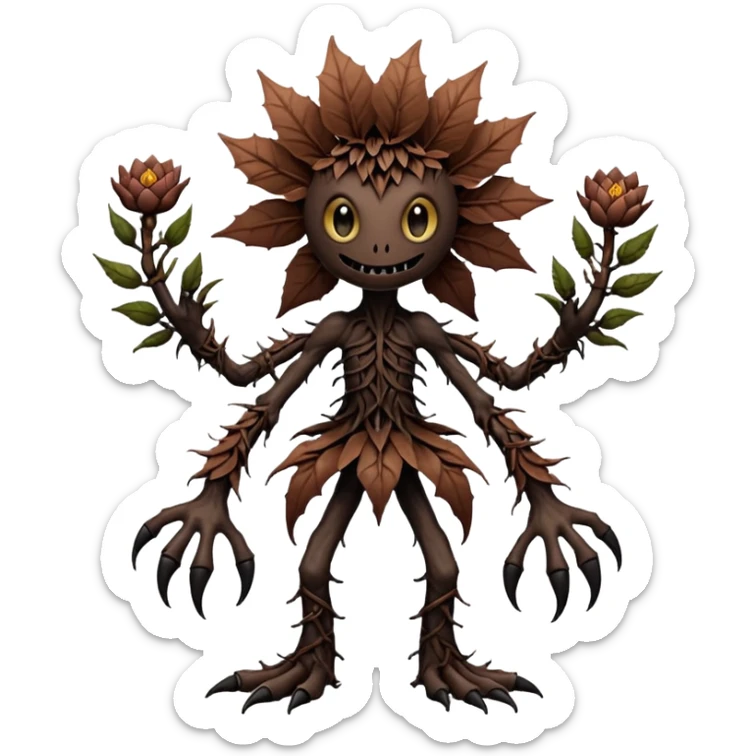 A flower like a monster with arms and legs, the body is a little bit black and the another bit brown like a demogorgon sticker