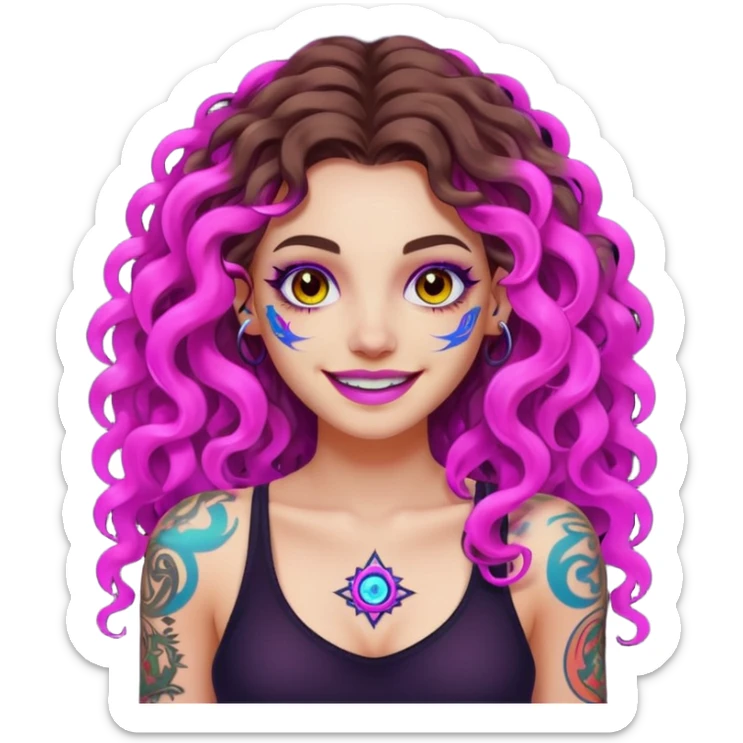 woman with long curly brown hair, brown eyes, white skin, tattoos, fake innocent smile with chaotic neon aura sticker