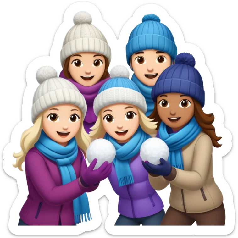 a group of friends having a snowball fight, winter hats and scarves, playful sticker