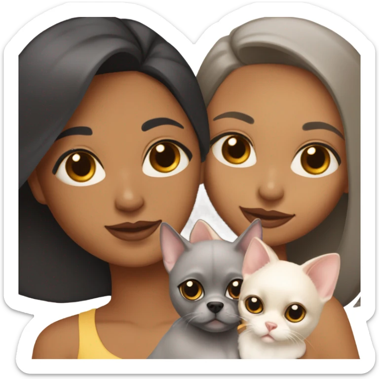 Latino women with black staight hair and brown eyes is holding a grey sphynx kitten and a ginger/ yellowish pomeranian dog sticker