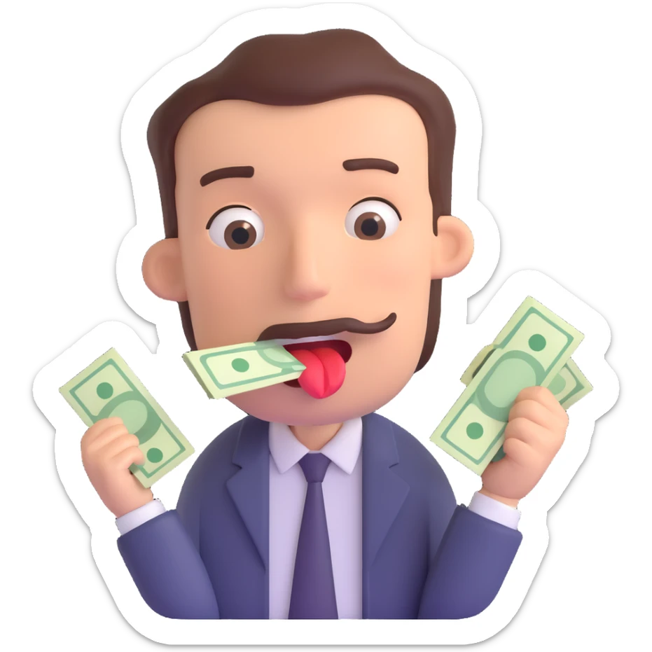 3D emoji style of a man with money stuffed in his mouth sticker