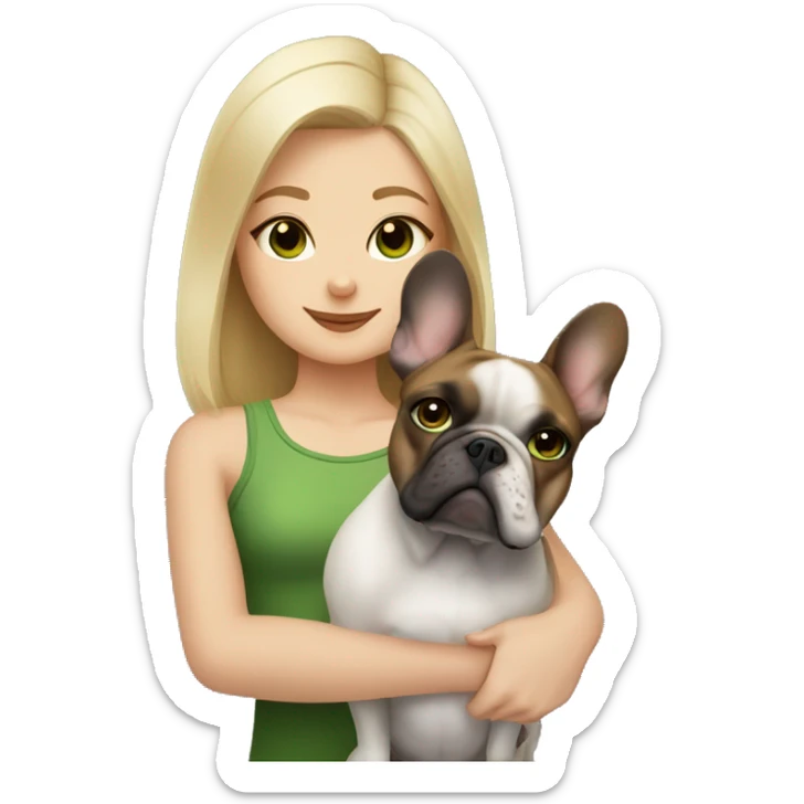 A blonde girl with green eyes with a square hugs a French bulldog with brown eyes and dark gray fur sticker