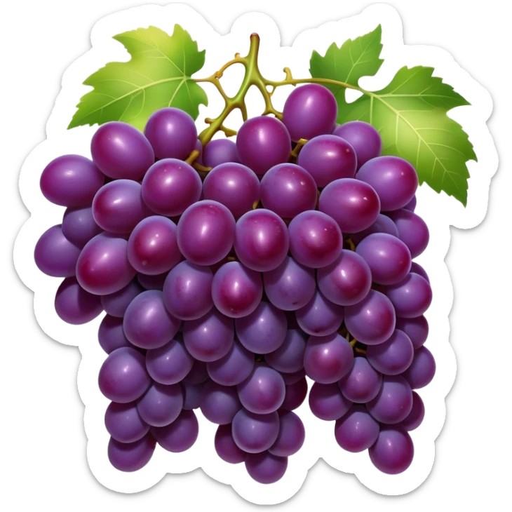 Cinematic Realistic Grapes Emoji, Clustered together in rich purple hues, with smooth, plump skins reflecting light in a glossy, delicate sheen. The stems curve slightly, holding the clusters together like a sweet, natural treasure. Soft glowing outline, capturing the essence of natural sweetness and richness in a bunch of ripe grapes! sticker