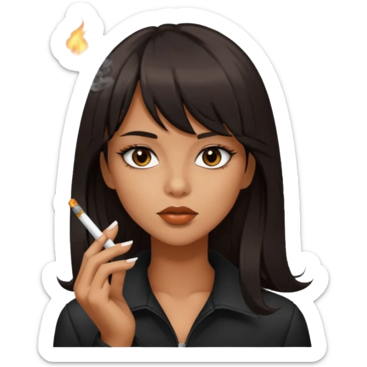 Hot girl with tan skin, dark brown eyes, and dark long layered hair with bangs smoking a cigarette  sticker