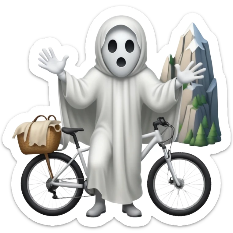 Ghost on bicycle, 3d pictograph, full body, male, arms covered with cloth and invisible, holding handlebars, left hand also holding handlebars, mountain bike sticker