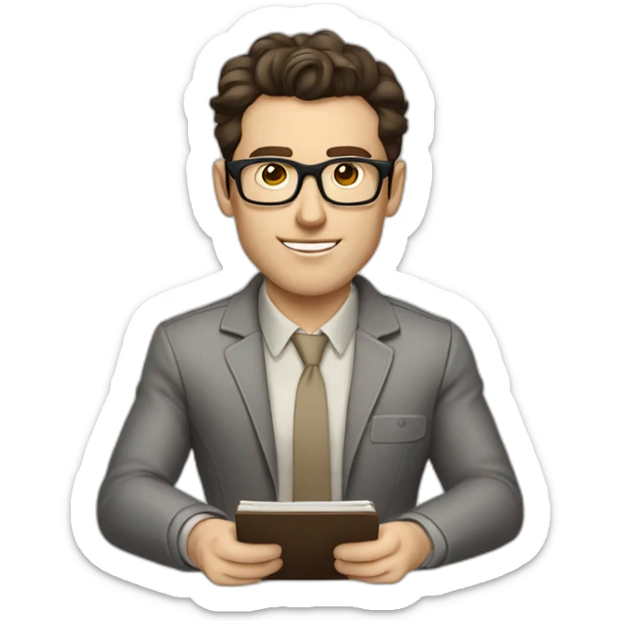 Pale skinned Fit Man With dark brown hair in gray jacket with emblem Ψ, beige office shirt and vintage glasses sitting In a soft chair with a notebook and a pen in his hands sticker