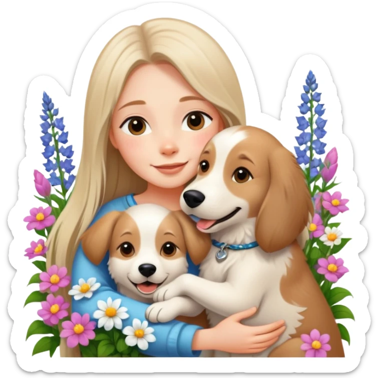 A beautiful girl with long straight hair happily hugs an Alaskan dog in the flowers sticker