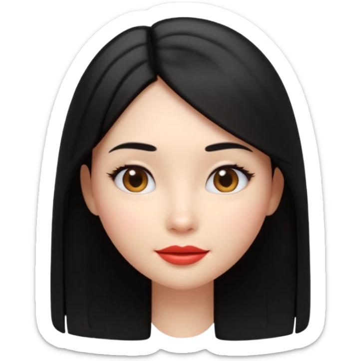 A cute 3D female emoji avatar, smooth skin, long straight black hair, glossy lips, soft lighting, minimal background, beauty branding style, high quality, Pixar style, front view, symmetrical face, clean and elegant sticker