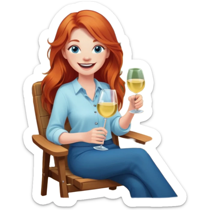 Laughing redhead long hair and blue eyes holding white wine sitting in chair beside fire pit sticker