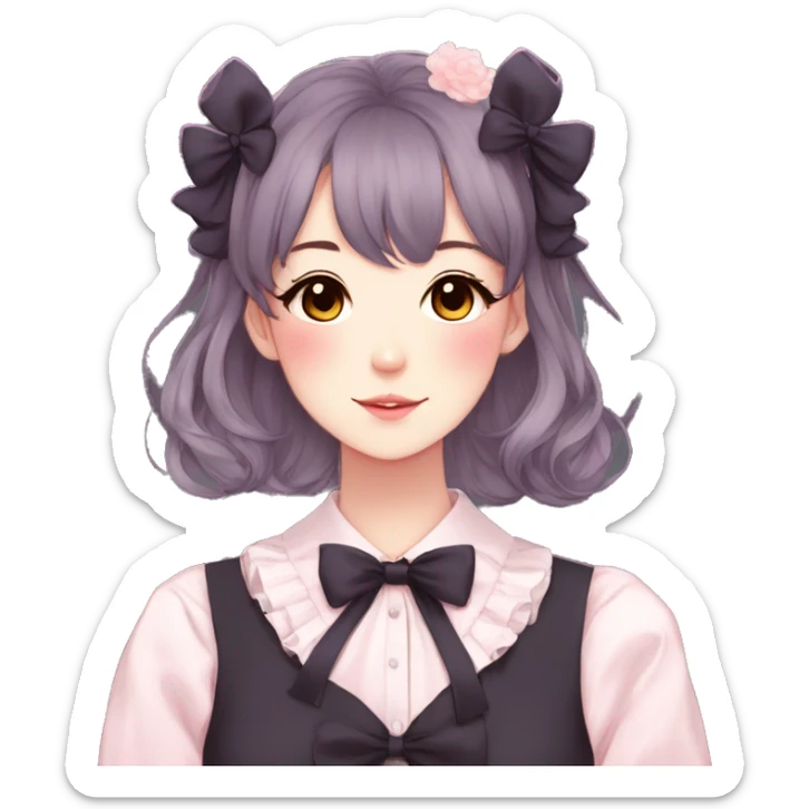 Gorgeous pastel anime style lady with blushing face and flowers and laces and bow ties and pretty hair aesthetic trending style sticker