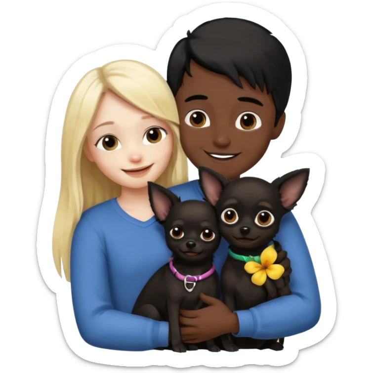 Hombre con pelo largo rubio chica de pelo negro  oscuro  y chihuahua negro amor sticker