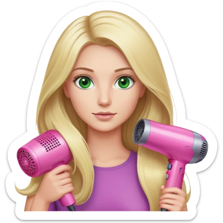 blonde woman, long hair, green eyes, pink Dyson hair dryer in hand sticker