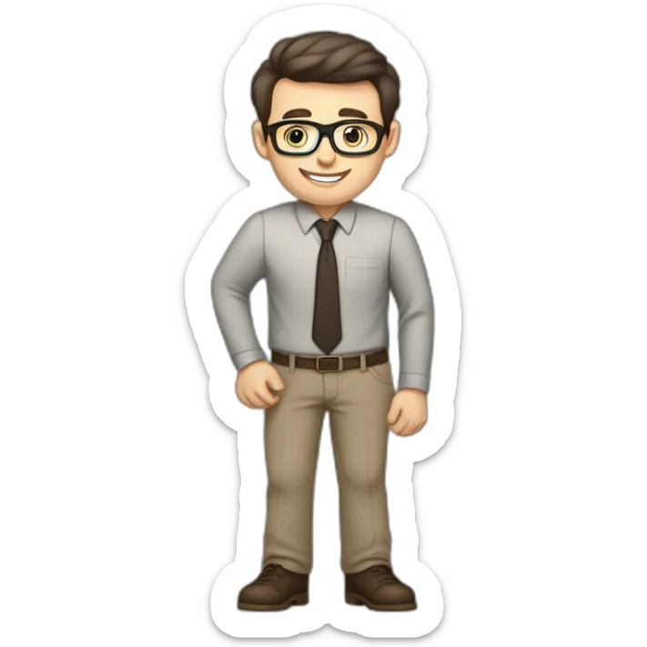 Pale skinned fit man with dark brown hair in gray jacket, beige office shirt, brown tie, brown pants and vintage glasses Writing on the marker board sticker