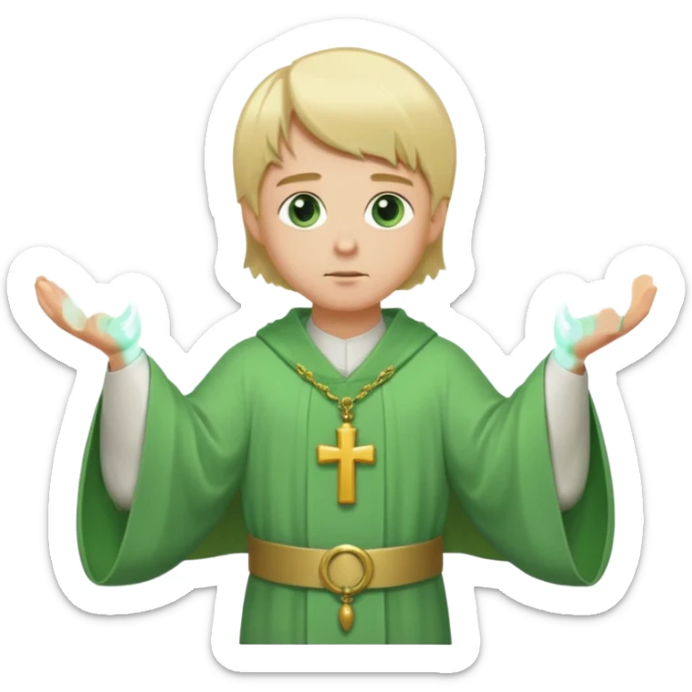 a priest, green eyes, blonde hair, light green wide, flowing, bell-shaped outer robe. opening arms, gazing thoughtfully. Soft light, subtle fern. Waist-up, profile. sticker