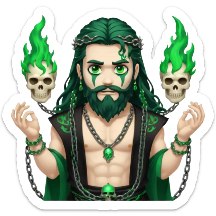 hades greek god with green flames and beard with chains on his arms and neck, Long wavy hair. He has some skull accessories Dynamic pose sticker
