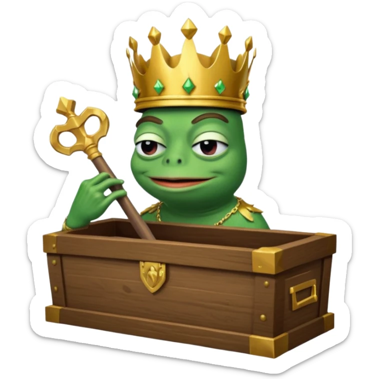 Emoji of an empty wooden coffin with its lid on top, the word ‘ECHO’ carved into the lid. The coffin is shown from the outside. A king-like Pepe the Frog, standing outside the coffin, is hammering nails into the lid to seal it shut. No character is inside the coffin. Not a treasure chest. sticker
