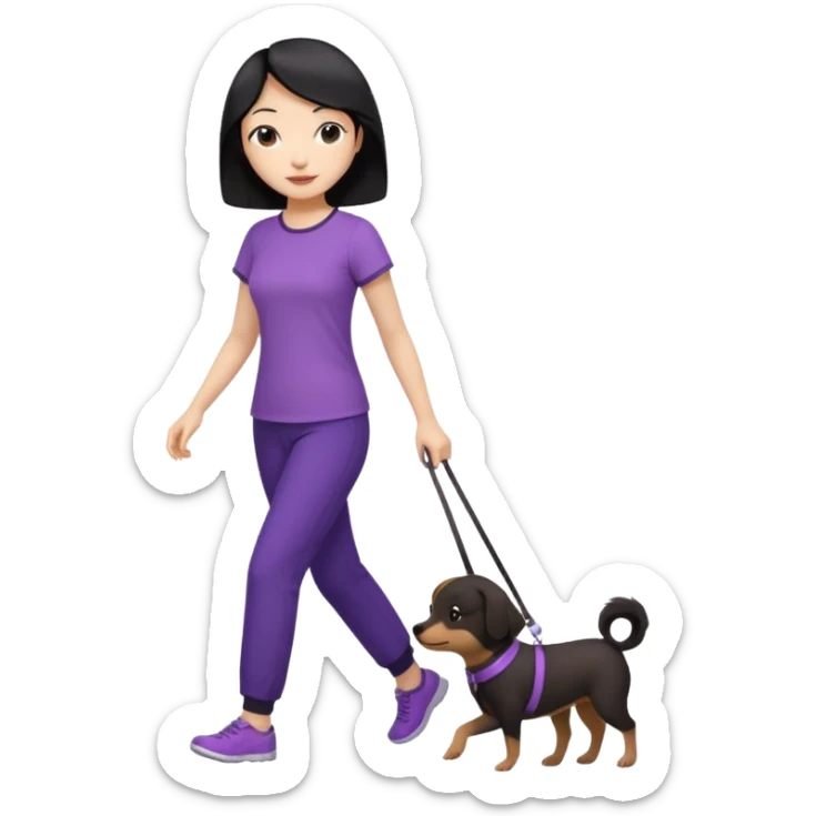 black hair Chinese woman wearing purple top and black pants walking a small brown dog sticker