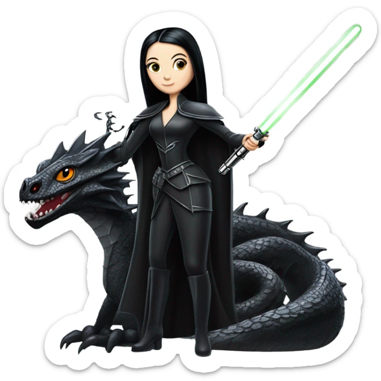  beautiful armored teen Morticia Addams Jedi riding on the back of a very large black shiny evil-looking dragon. to scale sticker