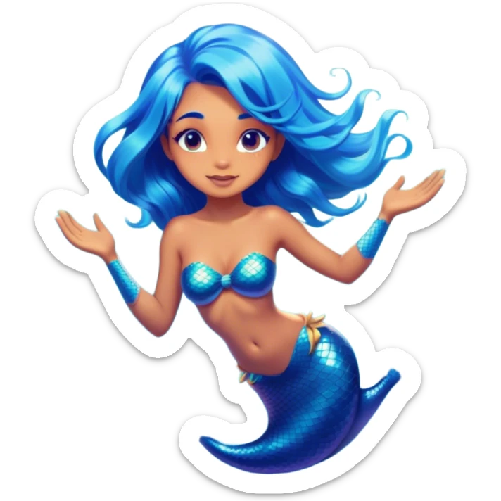 Cinematic Realistic Blue Hair Mermaid Portrait, head tilted playfully and inquisitively, showcasing a delicate, tropical form with finely detailed, flowing blue hair contrasting beautifully against her sun-kissed tanned skin. Her bright, curious eyes sparkle like sea gems under warm filtered light, rendered with lifelike clarity and soft underwater illumination—capturing the essence of a spirited mermaid poised to dance playfully amidst coral reefs. sticker