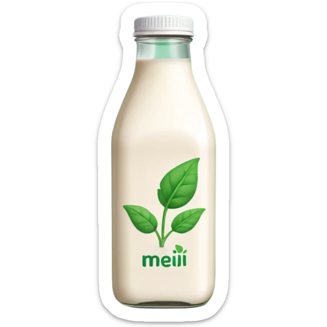 A 3D cartoon bottle of plant-based milk identical to dairy milk, small green tint or leaf mark, Memoji-style. sticker